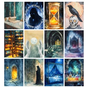 May include: A collection of twelve watercolor paintings with a fantasy theme. The images depict scenes such as a library, an hourglass, a hooded figure, a skull with a raven, and a moonlit bed. The color palette includes blues, greens, and golds.