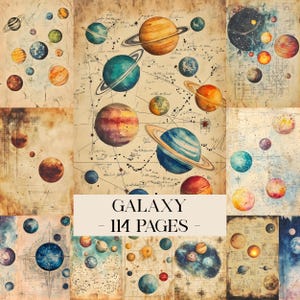 Könnte beinhalten: Eine Sammlung von Aquarellillustrationen von Planeten und Himmelskörpern auf gealtertem Papier. Die Bilder zeigen Planeten mit Ringen, verschiedenen Farben und Sternkarten. Der Text "GALAXY - 114 PAGES -" wird in einem Banner angezeigt.