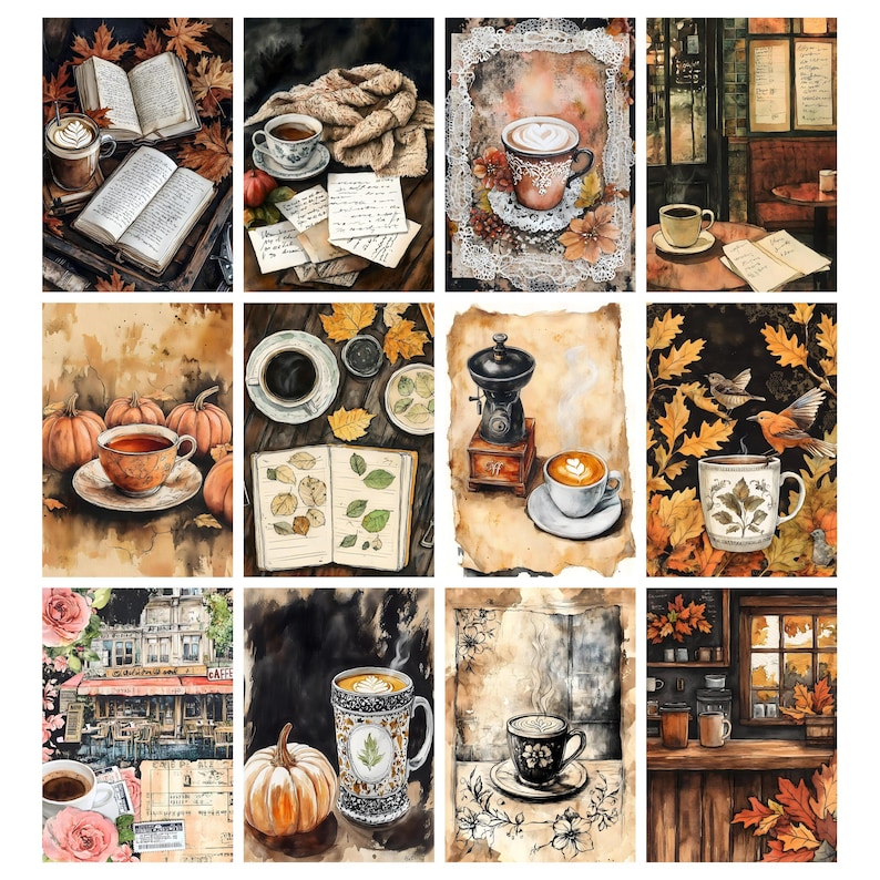 May include: A collage of watercolor illustrations featuring autumn themes. Images include coffee cups, books, pumpkins, and fall foliage. The artwork evokes a cozy, seasonal atmosphere, perfect for home decor or stationery.