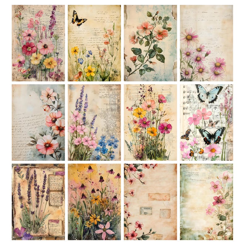 May include: A collection of twelve vintage-style floral art prints. Each print features watercolor illustrations of various flowers, butterflies, and botanical elements. The prints have a distressed, aged paper background with handwritten script and musical notes.