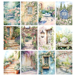 May include: A collection of watercolor paintings depicting serene garden scenes. Each painting features elements like benches, windows, pergolas, and teacups, all surrounded by lush flowers in shades of pink, purple, and green. The artwork evokes a sense of tranquility and natural beauty.