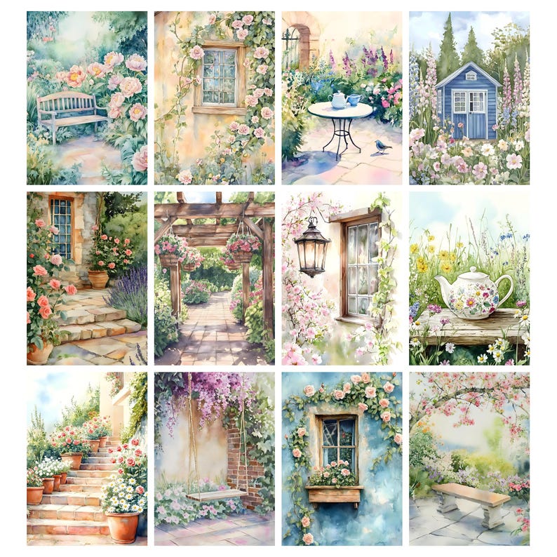 May include: A collection of watercolor paintings depicting serene garden scenes. Each painting features elements like benches, windows, pergolas, and teacups, all surrounded by lush flowers in shades of pink, purple, and green. The artwork evokes a sense of tranquility and natural beauty.