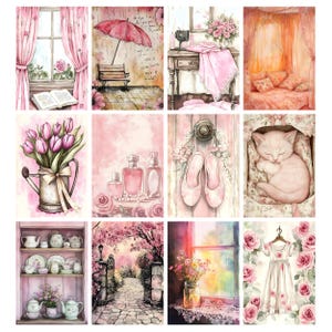 May include: A collection of watercolor illustrations featuring a variety of romantic scenes. The images include a window with pink curtains, a bench under a red umbrella, a sewing table, a bed, a watering can with tulips, perfume bottles, ballet slippers, a sleeping kitten, a china cabinet, a garden path, flowers in a jar, and a dress.