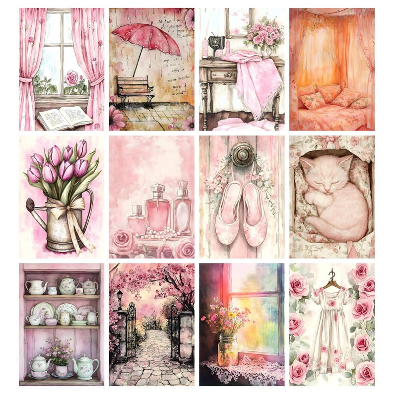 May include: A collection of watercolor illustrations featuring a variety of romantic scenes. The images include a window with pink curtains, a bench under a red umbrella, a sewing table, a bed, a watering can with tulips, perfume bottles, ballet slippers, a sleeping kitten, a china cabinet, a garden path, flowers in a jar, and a dress.