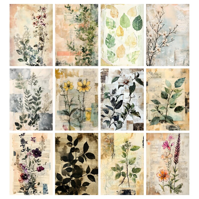 Blomarkivets skräpjournalsidor, vintage botaniskt collagepapper, vintage blomskräpjournalkit, digitala blompapper, efemera bild 7