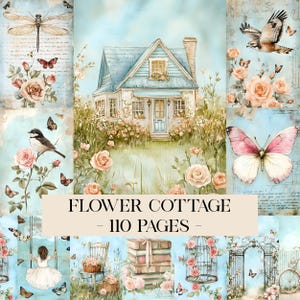 Puede incluir: Un collage de ilustraciones en acuarela con una casa de campo, flores, mariposas y pájaros. El texto "FLOWER COTTAGE - 110 PAGES" está presente. La paleta de colores incluye azules, verdes y rosas suaves.