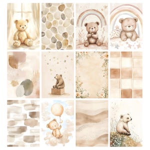 May include: A collection of watercolor illustrations featuring teddy bears, rainbows, and abstract backgrounds in soft beige, brown, and cream tones. The images include a teddy bear holding a flower, a bear sitting on a box, and a bear floating with a balloon.