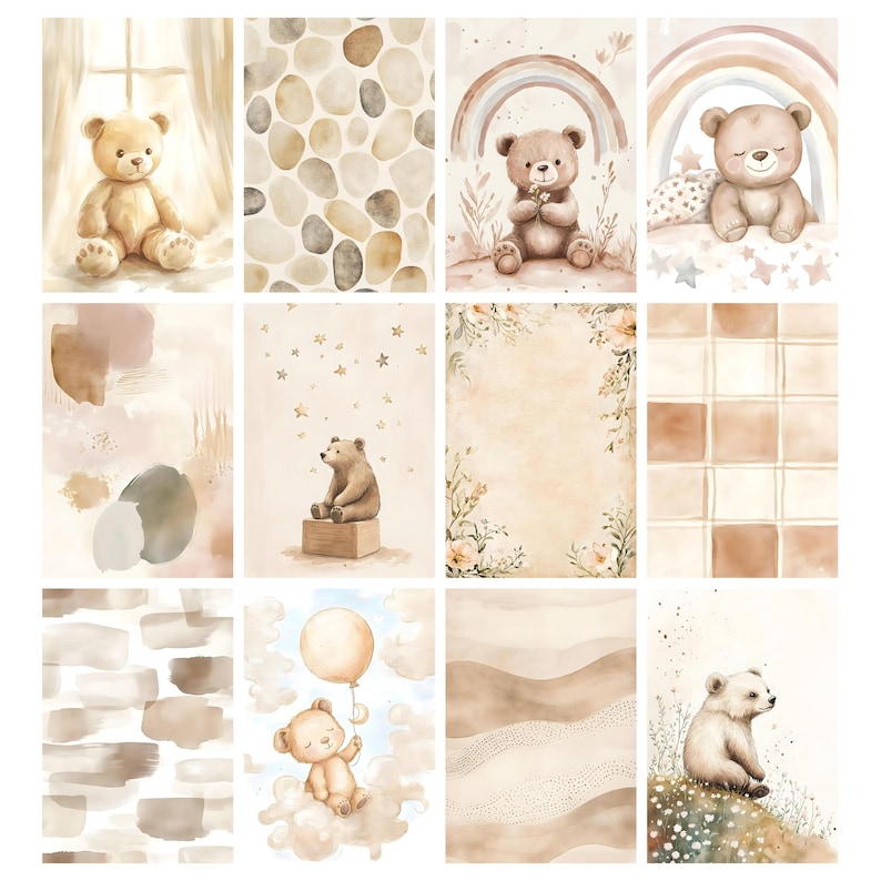 May include: A collection of watercolor illustrations featuring teddy bears, rainbows, and abstract backgrounds in soft beige, brown, and cream tones. The images include a teddy bear holding a flower, a bear sitting on a box, and a bear floating with a balloon.