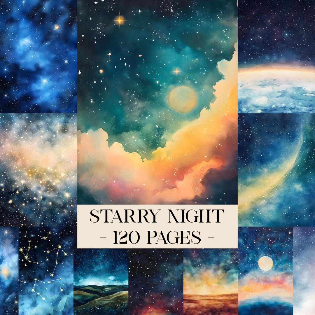 Starry Night Digital Papers, Stars Night Sky Junk Journal Pages, Nebula ...
