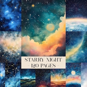 Starry Night Digital Papers, Stars Night Sky Junk Journal Pages, Nebula Galaxy Printable Ephemera, Space Scrapbook Papers, Collage Sheet