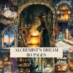 Puede incluir: Ilustración del sueño de un alquimista, con una bruja removiendo un caldero. La imagen incluye un libro, botellas y el texto "ALCHEMIST'S DREAM - 110 PAGES". La paleta de colores está dominada por verdes, marrones y dorados.
