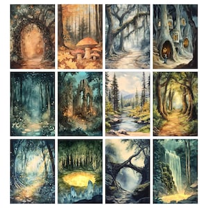 May include: A collection of twelve watercolor paintings depicting various fantasy forest scenes. Each artwork showcases a different path, archway, or clearing within a mystical woodland setting, with vibrant colors and detailed foliage.