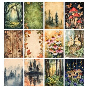 Pu&ograve; includere: Una collezione di dodici stampe artistiche ad acquerello raffiguranti scene naturali. Le stampe raffigurano foreste, funghi, fiori, conigli e foglie autunnali. La tavolozza dei colori comprende verdi, marroni e arancioni, con texture di carta vintage.