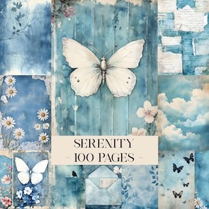 Puede incluir: Un collage de fondos azules de acuarela con ilustraciones florales y de mariposas. La imagen central presenta una gran mariposa blanca sobre un panel de madera azul. El texto "SERENITY - 100 PAGES -" se muestra en la parte inferior. Otros paneles incluyen margaritas, nubes y mariposas.