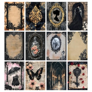 May include: A collection of gothic-themed art prints featuring ornate frames, silhouettes, and floral elements. The prints showcase a dark color palette with gold accents, including a butterfly, a woman in a black dress, and a key.