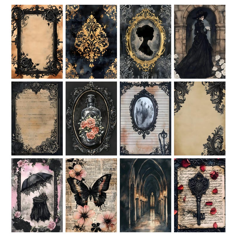 May include: A collection of gothic-themed art prints featuring ornate frames, silhouettes, and floral elements. The prints showcase a dark color palette with gold accents, including a butterfly, a woman in a black dress, and a key.