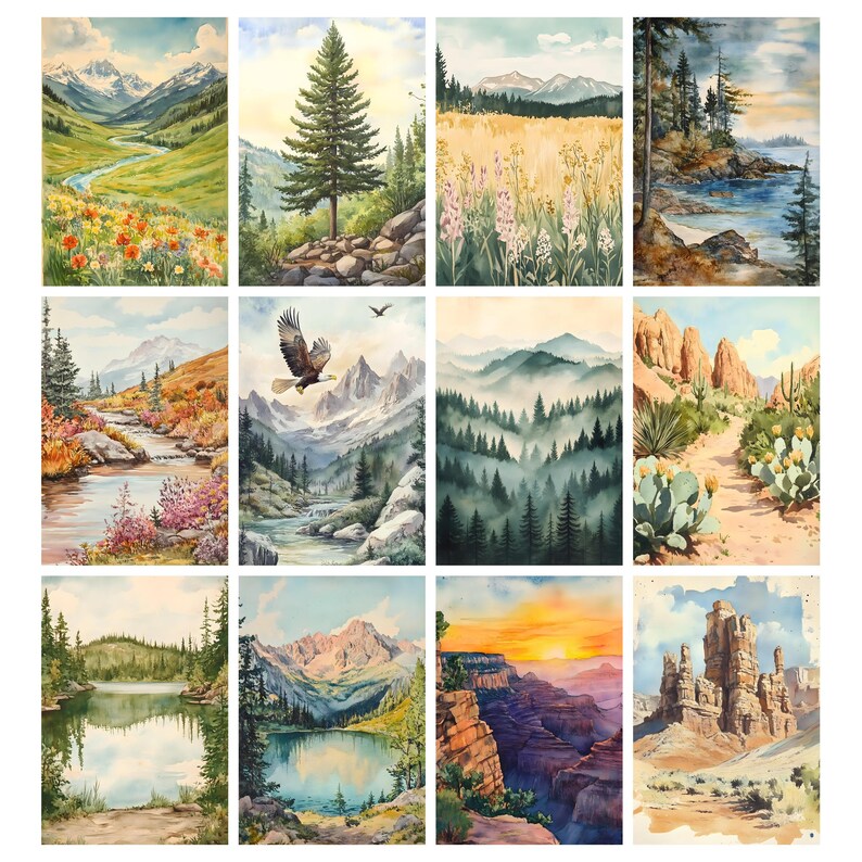 K&ouml;nnte beinhalten: Eine Sammlung von zw&ouml;lf Aquarell-Landschaftsbildern. Die Gem&auml;lde zeigen verschiedene Naturszenen, darunter Berge, W&auml;lder, Fl&uuml;sse und W&uuml;sten. Die Farbpalette umfasst Gr&uuml;n-, Blau-, Gelb- und Oranget&ouml;ne und erzeugt eine ruhige und nat&uuml;rliche &Auml;sthetik.