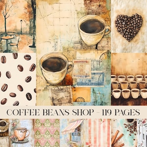 May include: A coffee-themed collage with illustrations of coffee cups, coffee beans in a heart shape, and a street scene. The text "COFFEE BEANS SHOP - 119 PAGES" is displayed at the bottom of the image.