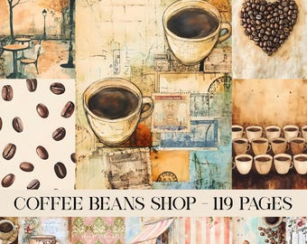 Cafe Au Lait Junk Journal Paper Kit, Coffee Beans Shop, Digital Download, Neutral Ephemera Vintage Watercolor Scrapbook, Stained Paper Cake