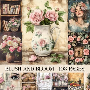 Puede incluir: Ilustración en acuarela con una jarra blanca con rosas rosas y hojas verdes. La jarra tiene un diseño floral. La imagen incluye otros arreglos florales, una mujer con una corona de flores y el texto "BLUSH AND BLOOM - 108 PAGES".
