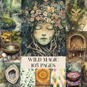 Könnte beinhalten: Eine Sammlung von Illustrationen mit dem Titel Wild Magic 105 Pages, die ein zentrales Gesicht mit Blumen und Wurzeln zeigt, umgeben von Waldszenen, einer Eule, einem Steinkamin, einer Kristallgeode, Blättern und einer Schale mit bunten Steinen.