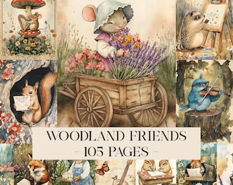 Woodland Friends Animals Junk Journal, Forest Animal, Storybook Printable Paper Download, Vintage Cottagecore Digital Ephemera Scrapbook Kit