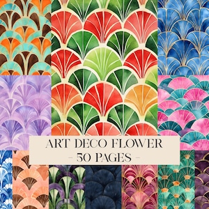 Może przedstawiać: Kolekcja wzorów kwiatowych w stylu Art Deco w różnych kolorach, w tym pomarańczowym, niebieskim, różowym i fioletowym. Wzory ułożone są w wachlarz. Tekst "ART DECO FLOWER - 50 PAGES -" wyświetlany jest na kremowym prostokącie.