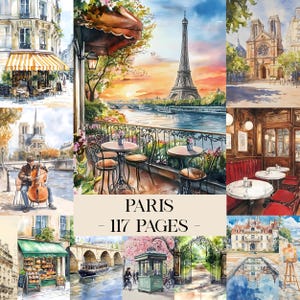 Könnte beinhalten: Aquarellillustrationen von Pariser Szenen, darunter der Eiffelturm, Cafés und Straßenansichten. Das Kunstwerk zeigt eine warme Farbpalette mit Details von Architektur und Außenbereichen. Der Text auf dem Bild lautet "PARIS - 117 PAGES".