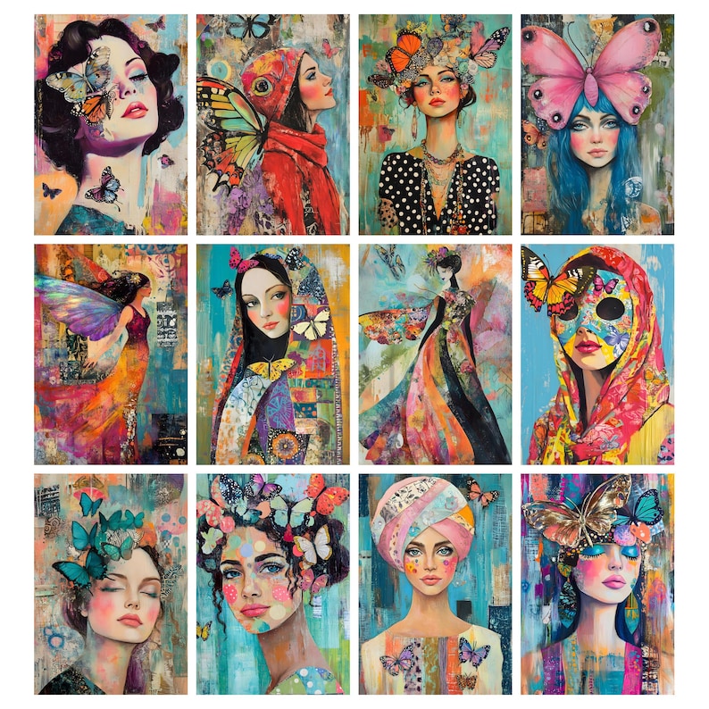 May include: A collection of twelve colorful portraits of women, each adorned with butterflies. The artwork features a variety of styles, with vibrant colors and intricate details. The women are depicted with different hairstyles and clothing, creating a diverse and artistic display.