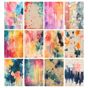 Puede incluir: Una colecci&oacute;n de doce impresiones art&iacute;sticas abstractas. Cada impresi&oacute;n presenta un dise&ntilde;o &uacute;nico de acuarela con colores vibrantes, incluyendo rosa, azul, amarillo y naranja. Algunas impresiones tienen goteos y salpicaduras de pintura.