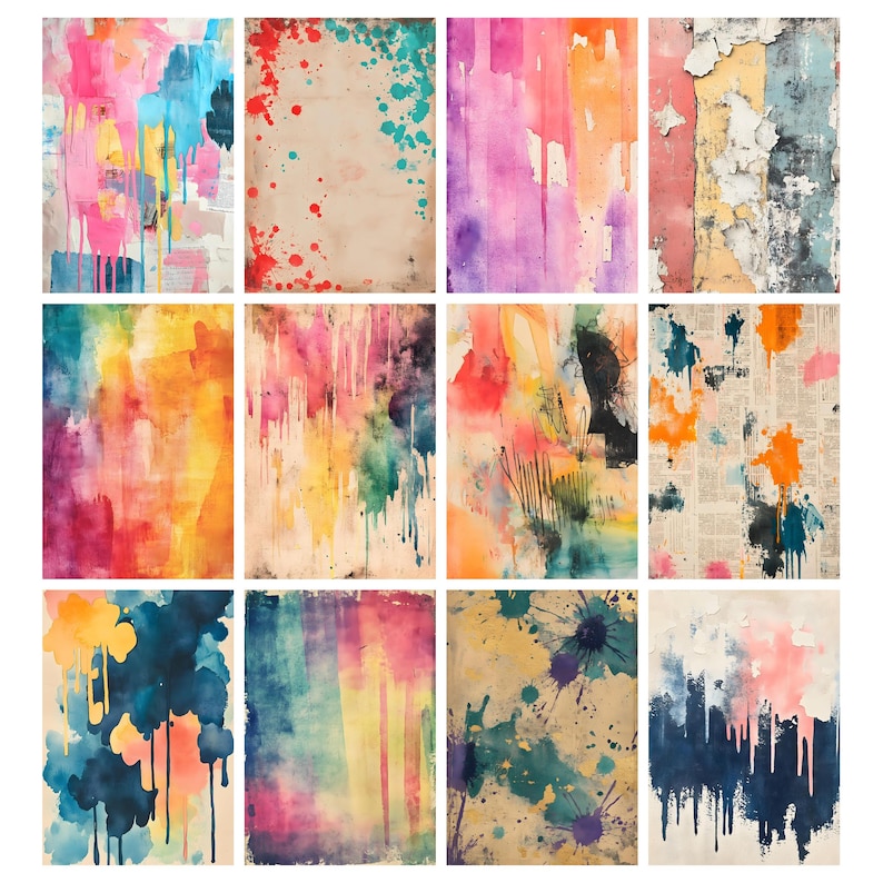 Puede incluir: Una colecci&oacute;n de doce impresiones art&iacute;sticas abstractas. Cada impresi&oacute;n presenta un dise&ntilde;o &uacute;nico de acuarela con colores vibrantes, incluyendo rosa, azul, amarillo y naranja. Algunas impresiones tienen goteos y salpicaduras de pintura.