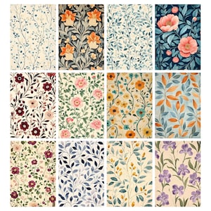 May include: A collection of floral pattern designs. The patterns feature various flowers and foliage in a range of colors, including orange, pink, blue, and purple, set against different background colors.