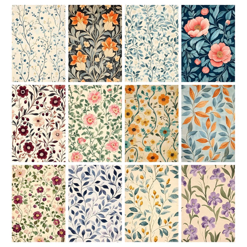 May include: A collection of floral pattern designs. The patterns feature various flowers and foliage in a range of colors, including orange, pink, blue, and purple, set against different background colors.