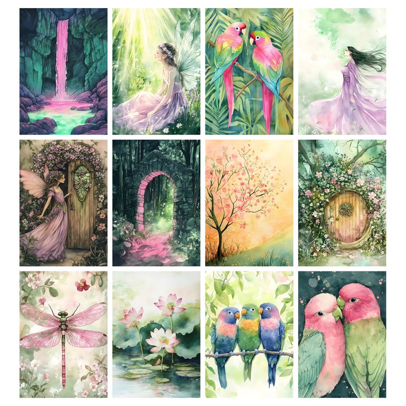 May include: A collection of twelve watercolor art prints featuring fantasy scenes. The prints depict waterfalls, fairies, archways, flowering trees, and birds. The color palette includes shades of pink, green, and blue, creating a whimsical and enchanting aesthetic.