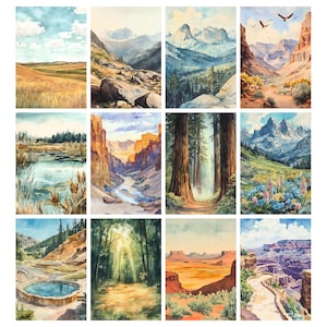 K&ouml;nnte beinhalten: Eine Sammlung von zw&ouml;lf Aquarell-Landschaftsbildern. Die Gem&auml;lde zeigen verschiedene Naturszenen, darunter Berge, Canyons, W&auml;lder und Felder. Die Farbpalette umfasst Blau-, Gr&uuml;n-, Braun- und Gelbt&ouml;ne, wodurch eine ruhige &Auml;sthetik entsteht.