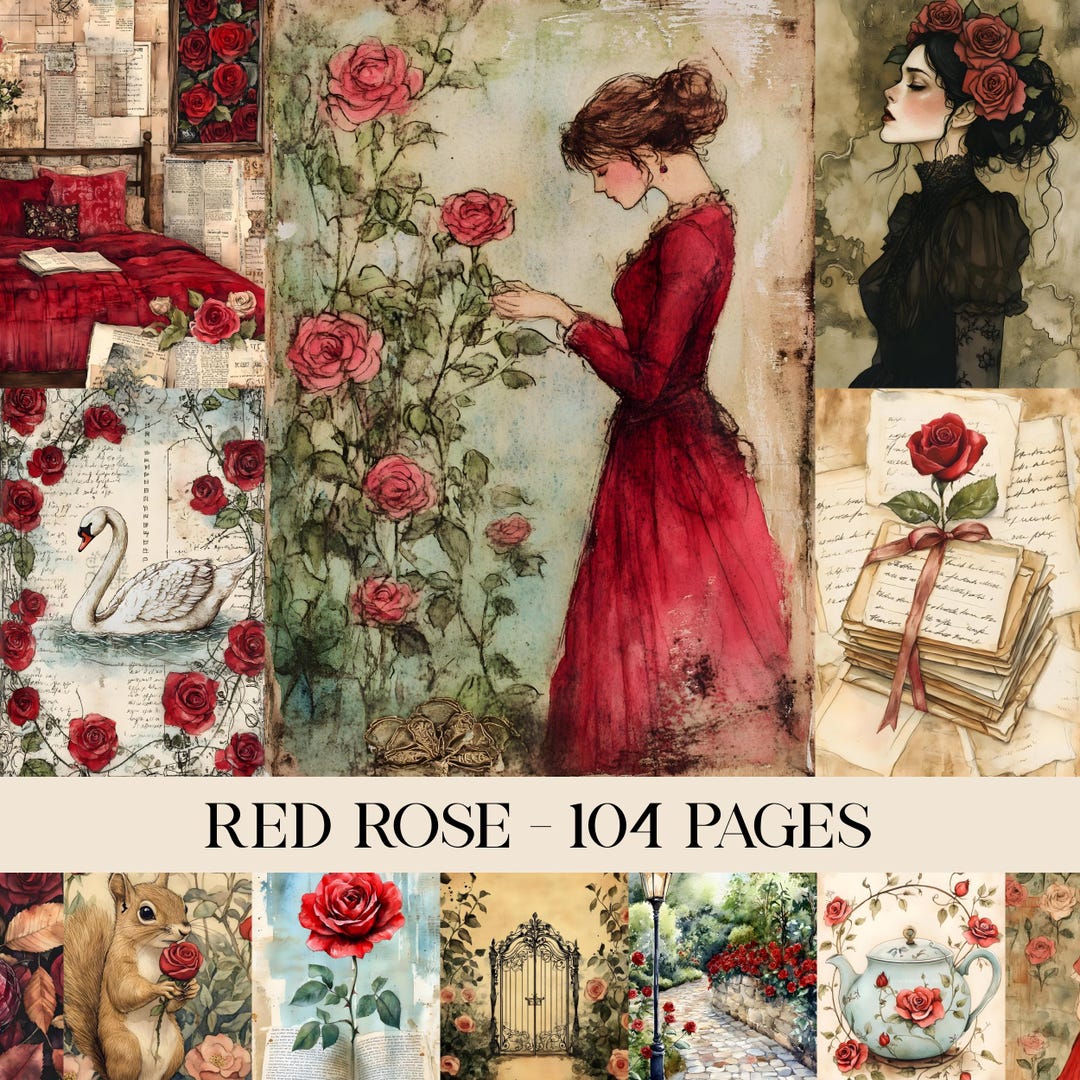 Shabby Chic Red Rose Junk Journal Pages, Shabby Chic Papers, Rose ...