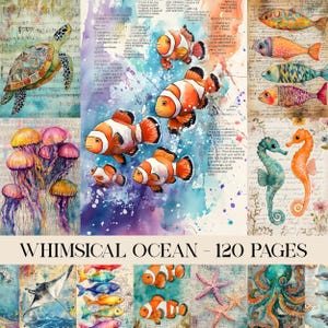 Könnte beinhalten: Eine Collage von Aquarellillustrationen mit Meereslebewesen. Enthält Clownfische, Quallen, Meeresschildkröten, Seepferdchen und verschiedene bunte Fische. Der Text "WHIMSICAL OCEAN - 120 PAGES" wird unten angezeigt.