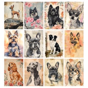 May include: A collection of twelve watercolor dog portraits. The dogs are various breeds, including a Chihuahua, Yorkshire Terrier, and German Shepherd. Each portrait has a vintage, artistic style with soft colors and floral accents.