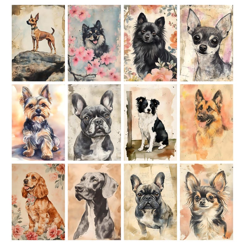 May include: A collection of twelve watercolor dog portraits. The dogs are various breeds, including a Chihuahua, Yorkshire Terrier, and German Shepherd. Each portrait has a vintage, artistic style with soft colors and floral accents.