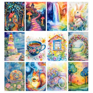 May include: A set of twelve watercolour paintings depicting fantastical scenes. The artwork includes a house, a castle, a waterfall, a rabbit, a lighthouse, a teacup, a house with a bird, a floral archway, a snail, a squirrel, a bicycle, and a starry landscape.