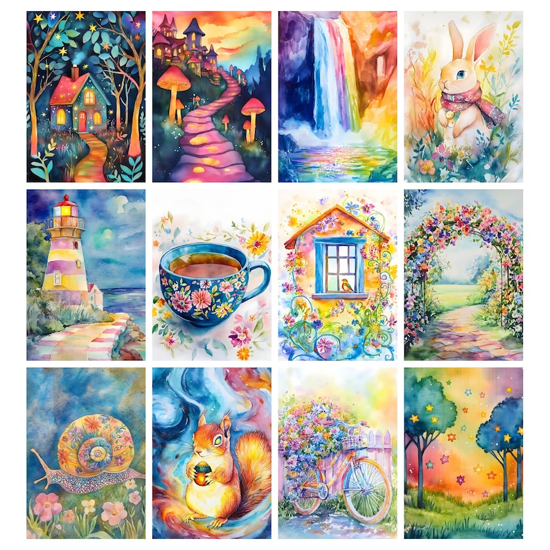 May include: A set of twelve watercolour paintings depicting fantastical scenes. The artwork includes a house, a castle, a waterfall, a rabbit, a lighthouse, a teacup, a house with a bird, a floral archway, a snail, a squirrel, a bicycle, and a starry landscape.