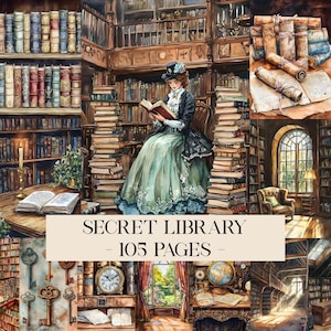 Puede incluir: Ilustración en acuarela de una biblioteca secreta con una mujer leyendo. La imagen presenta pilas de libros, llaves antiguas, un reloj y el texto "SECRET LIBRARY - 105 PAGES". La paleta de colores incluye marrones, verdes y azules.