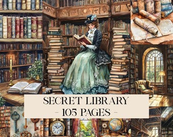 Hemligt biblioteks skräpjournalkit, utskrivbara bibliotekssidor, mörk akademi, digitala papper från gamla böcker, vintage biblioteksephemera, digital nedladdning