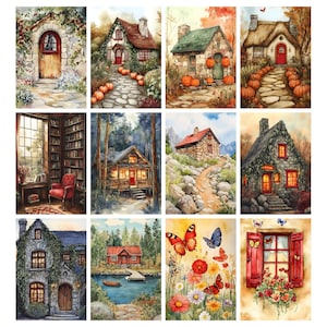 May include: A collection of watercolor paintings featuring charming cottages and houses. Each painting showcases a different scene, including stone pathways, pumpkins, and lush gardens. The artwork evokes a cozy, autumnal atmosphere.