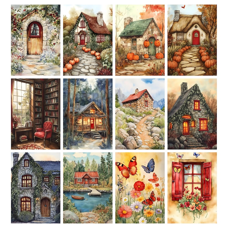 May include: A collection of watercolor paintings featuring charming cottages and houses. Each painting showcases a different scene, including stone pathways, pumpkins, and lush gardens. The artwork evokes a cozy, autumnal atmosphere.