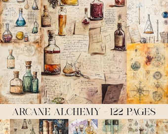 Puede incluir: Un collage de ilustraciones de estilo vintage con varios frascos, viales y vasos de vidrio llenos de líquidos coloridos. El fondo incluye notas manuscritas y diagramas alquímicos. El texto "ARCANE ALCHEMY - 122 PAGES" se muestra en la parte inferior.