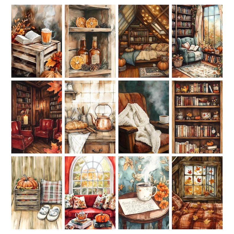 May include: Watercolor paintings depicting cozy autumn scenes. Images include a wooden crate with a book and drink, a shelf with bottles and oranges, a bedroom with pumpkins, a library with armchairs, a kitchen with a teapot, and a chair with a blanket.