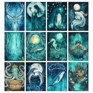 May include: A collection of twelve watercolor art prints featuring fantasy and aquatic themes. Each print showcases a different mystical creature or scene, including a deer, penguin, seahorse, and octopus, all in shades of blue and teal.