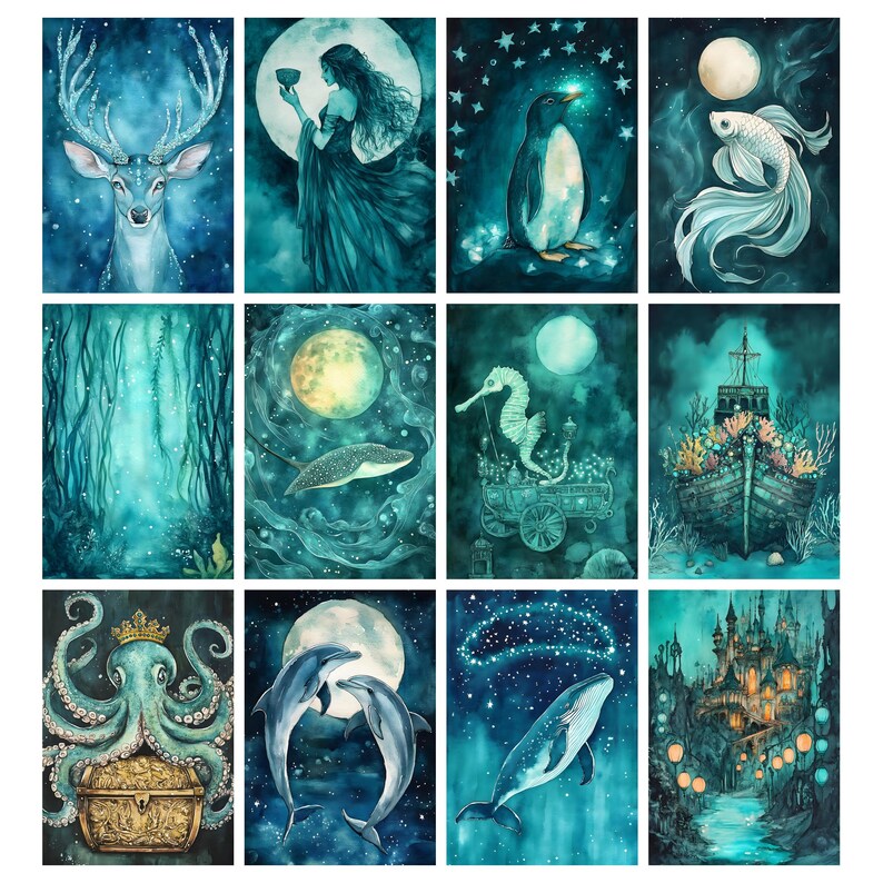 May include: A collection of twelve watercolor art prints featuring fantasy and aquatic themes. Each print showcases a different mystical creature or scene, including a deer, penguin, seahorse, and octopus, all in shades of blue and teal.