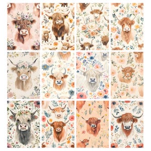 May include: A collection of watercolor illustrations featuring Highland cows with floral accents. The images showcase various cow portraits with flower crowns and surrounded by floral patterns in soft, pastel colors. The overall theme is rustic and charming.